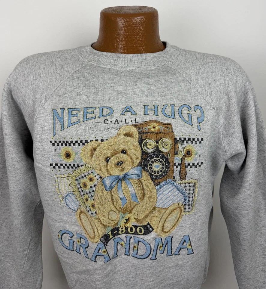 Sudadera De Colección Años 90 Abuela Unisex Grande Gris Brezo Raglán Cottagecore Bear Foto 2 de 4