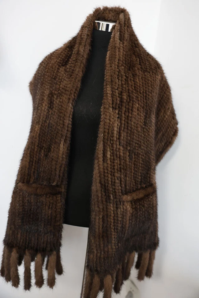 Knit 100% real mink fur cape / scarf 200*58 cm brown neck wrap / women shawl - Image 3 of 4