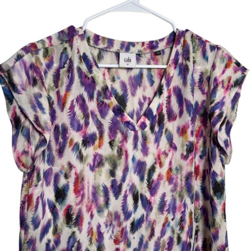 Cabi Blouse Women's Medium Colorful Artsy Cap Sleeve Career Abstract Top Shirt - Picture 2 of 9