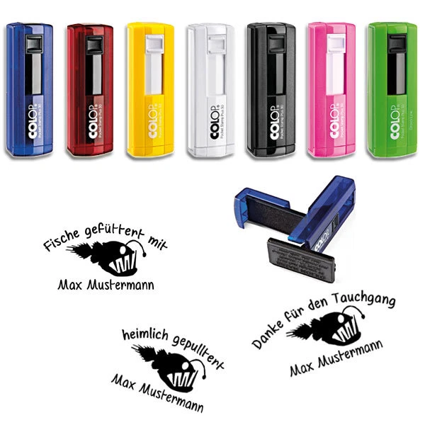 Taucher- Logbuchstempel Colop Plus 30 Anglerfisch versch.Farben & Sprüche 02