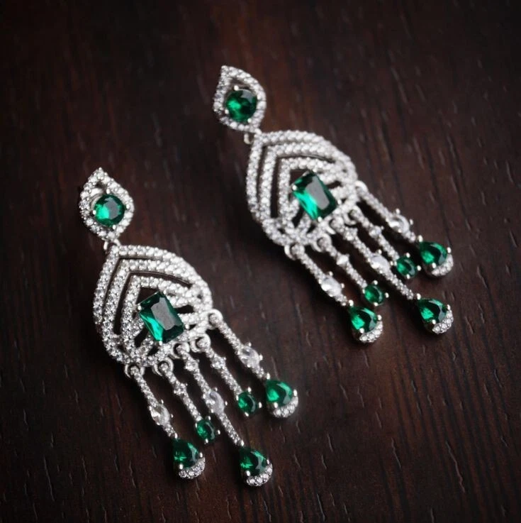 935 Silver Simulated Emerald & Sapphire Gorgeous Engagement Earrings For Woman - Image 2 of 4