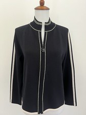 ST. JOHN Sport Black Full-Zip Santana Knit Cardigan Sweater Ivory  Lime Detail