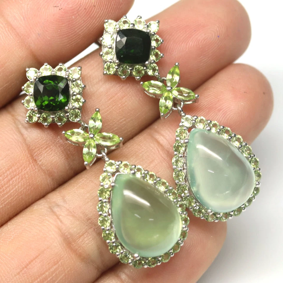 Gemstone Green Prehnite, Peridot & Diopside Earrings 925 Silver White Gold - Image 2 of 4