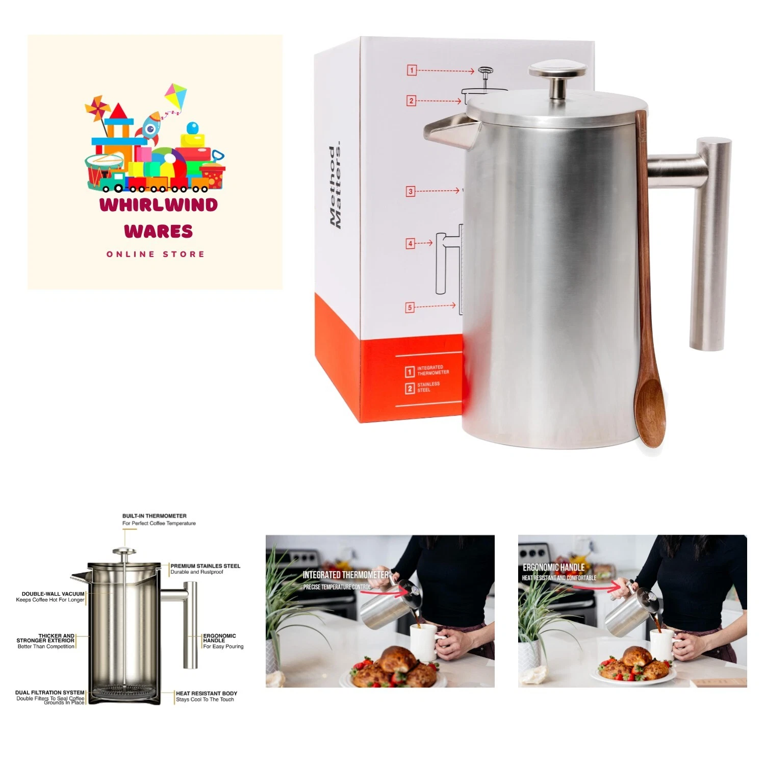French Press with Thermometer - Insulated Coffee Press - Stainless Steel Fren...