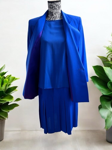 Christian Dior Vintage Womens 3pc Suit Jacket, Blouse Pleated Skirt Blue Size 2 - Picture 2 of 8
