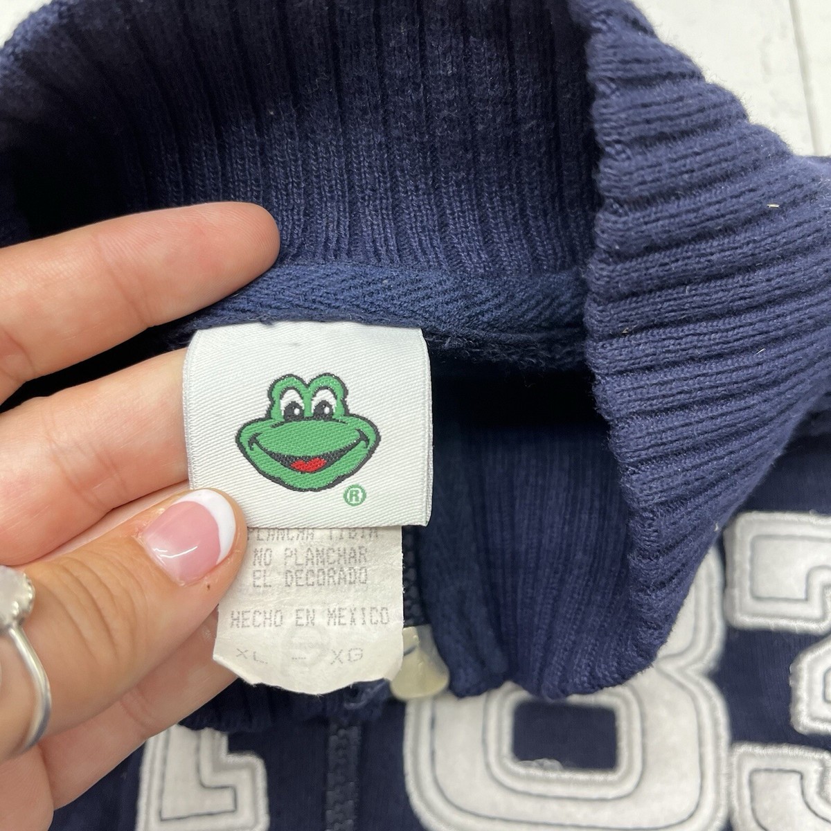 Blue Embroidered Full Zip Ribbed Mock Neck And Cuff Jacket Pockets