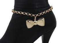 Women Gold Metal Chain Boot Bracelet Shoe Bow Tie Ribbon Charm Holidays Weekend