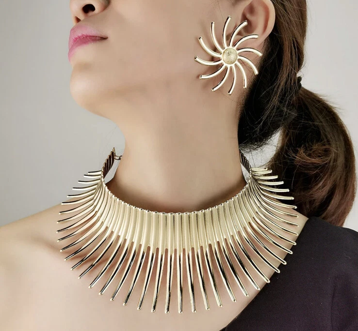 Chunky Gold Necklace Set Large Big Gold Statement Choker Sunburst Jewelry Set