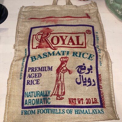 Royal Basmati Rice Bag Sack Handled Zippered Tote Burlap India Himalayas 20lb.