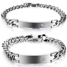 Men Women Polished Stainless Steel Cuban Chain CZ Bracelet Couple Wristband Cuff