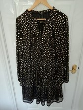 Next 20 Black Gold Metallic Spot Polka Dot Dress Tie Neckline Stretchy Lined