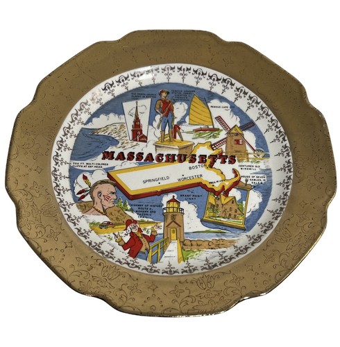 MASSACHUSETTS STATE SOUVENIR PLATE 9" DIA CREST-O-GOLD WARRANTED 22K - Picture 1 of 3