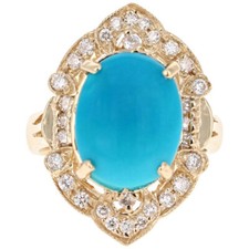 7.55 Carats Natural Turquoise and Diamond 14K Solid Yellow Gold Ring