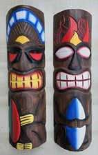 2 TIKI MASKS 20" WOOD HAWAIIAN ISLAND HOME WALL DECOR TRIBAL AFRICAN POLYNESIAN