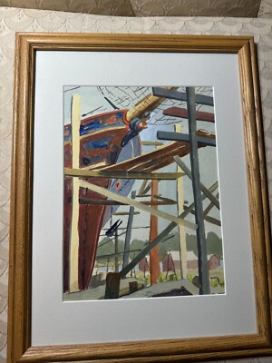 E.J Saylor ''Boatyard Scene'' Watercolor Painting #2 - Framed