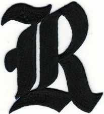 3" Fancy Black Old English Alphabet Letter R Embroidered Patch