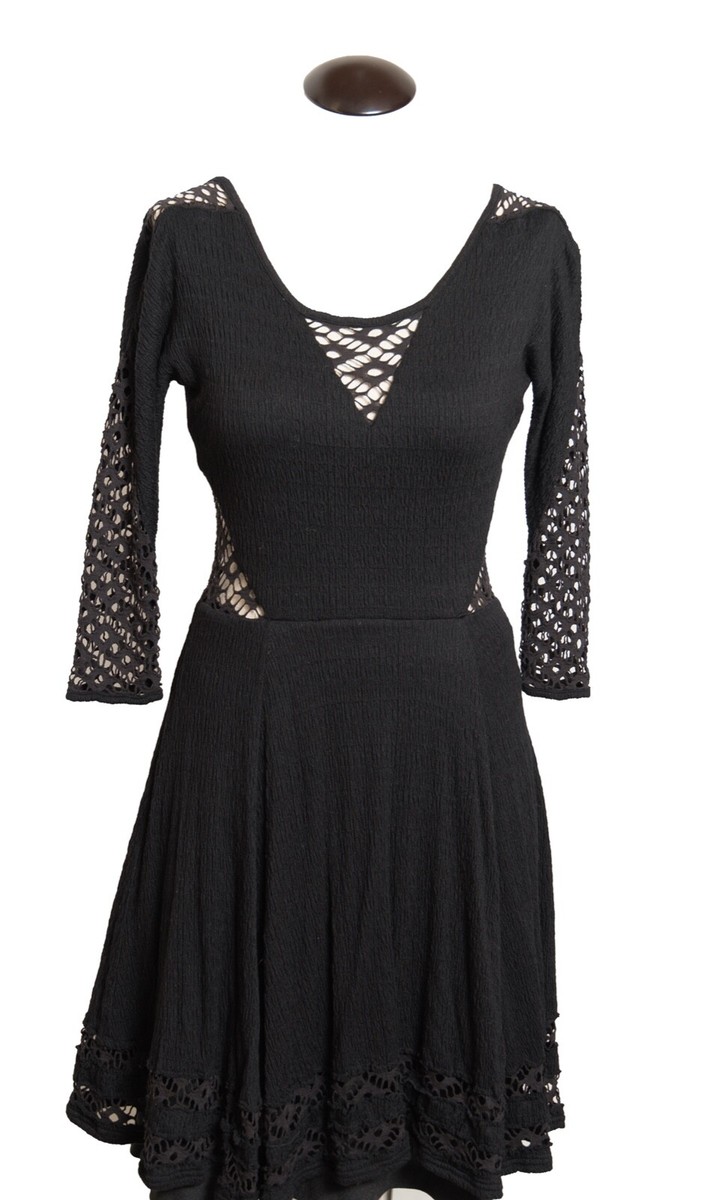 FREE PEOPLE Lace Peasant Gauze Dress Black $128 Fit & Flare Baby Doll Size  XS
