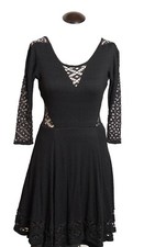 FREE PEOPLE Lace Peasant Gauze Dress Black $128 Fit & Flare Baby Doll Size XS