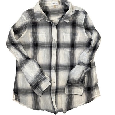 Calvin Klein Airflow Utility Button Down Shirt Plaid Roll Tab Sleeve Women Sz L