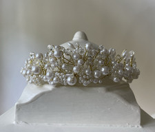 Gold Wire Bridal Tiara Headband with Faux Pearls Clear Beads