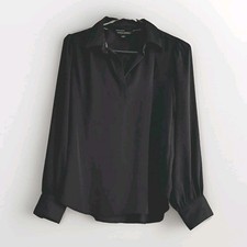 Banana Republic Black Solid Collared Long Sleeve Pleated Woven Blouse Size S