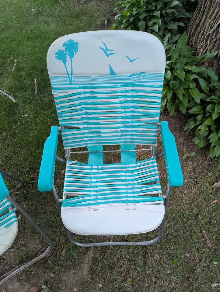 Conjunto de cadeiras de gramado dobráveis vintage anos 80 par de teias pátio praia ao ar livre estampa de palma - Imagem 3 de 4