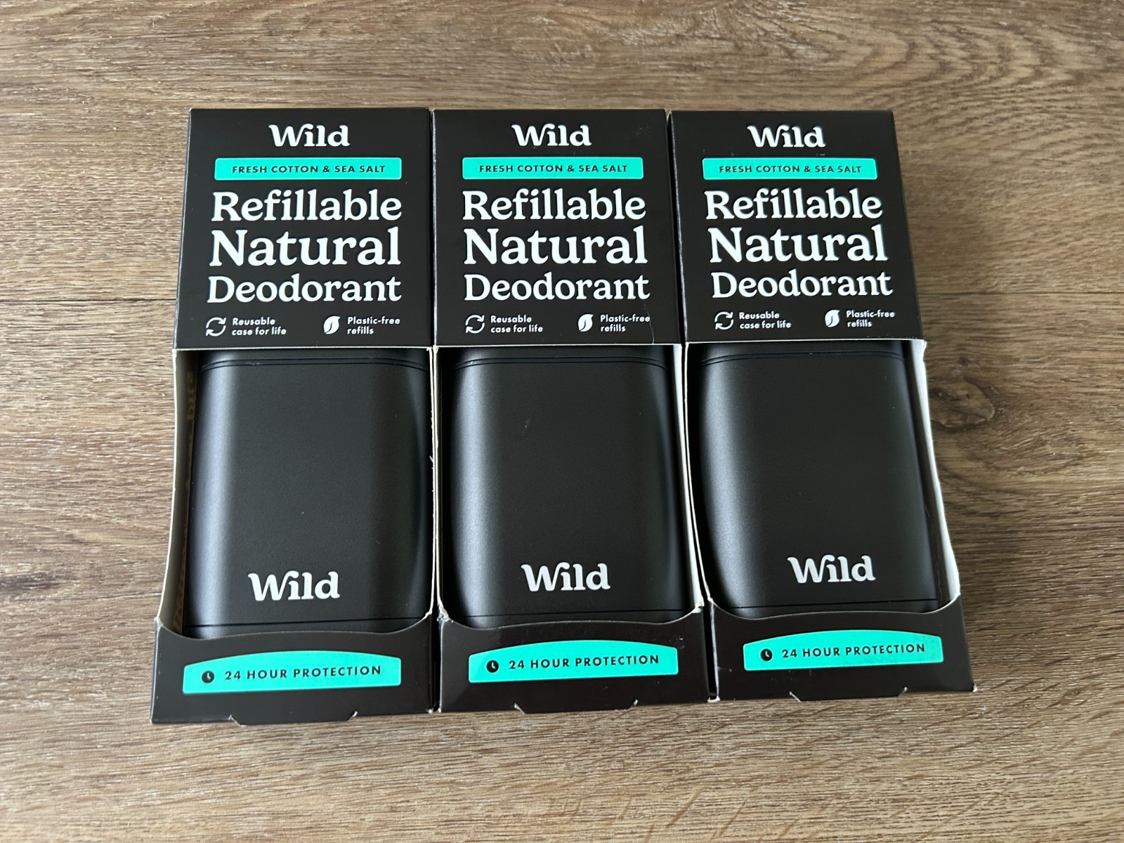 Wild Refillable Natural Deodorant 3 x Case & Refill Fresh Cotton & Sea Salt BNIB