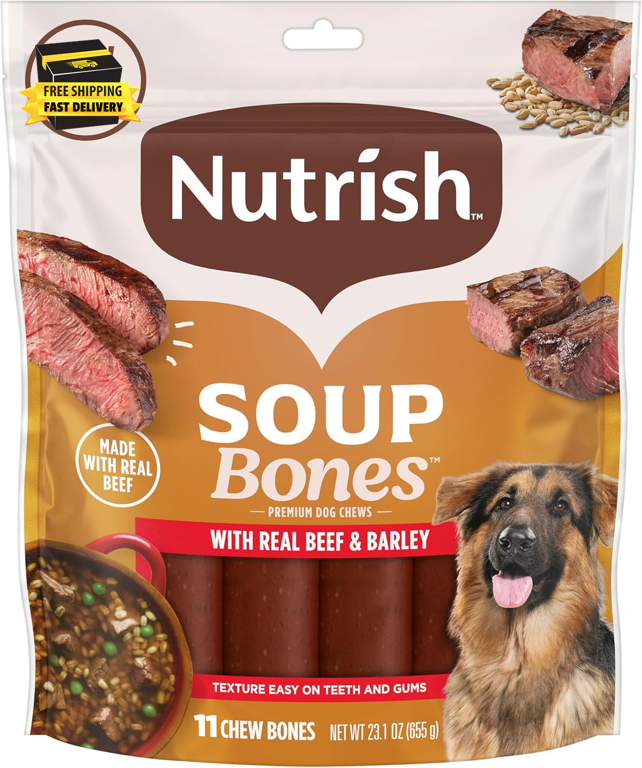 Soup Bones Premium Dog Chews with Real Beef and Barley, 11 C