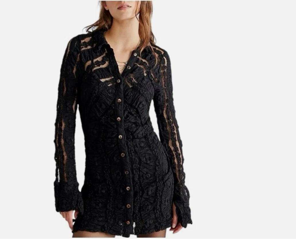 FREE PEOPLE SHAYLA Black Sexy Bodycon LACE MINI DRESS Size Medium Holiday
