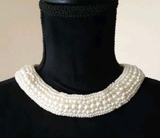 Vintage 1950s Faux Pearl Satin Collar Necklace Beaded Choker Bib Mid Century