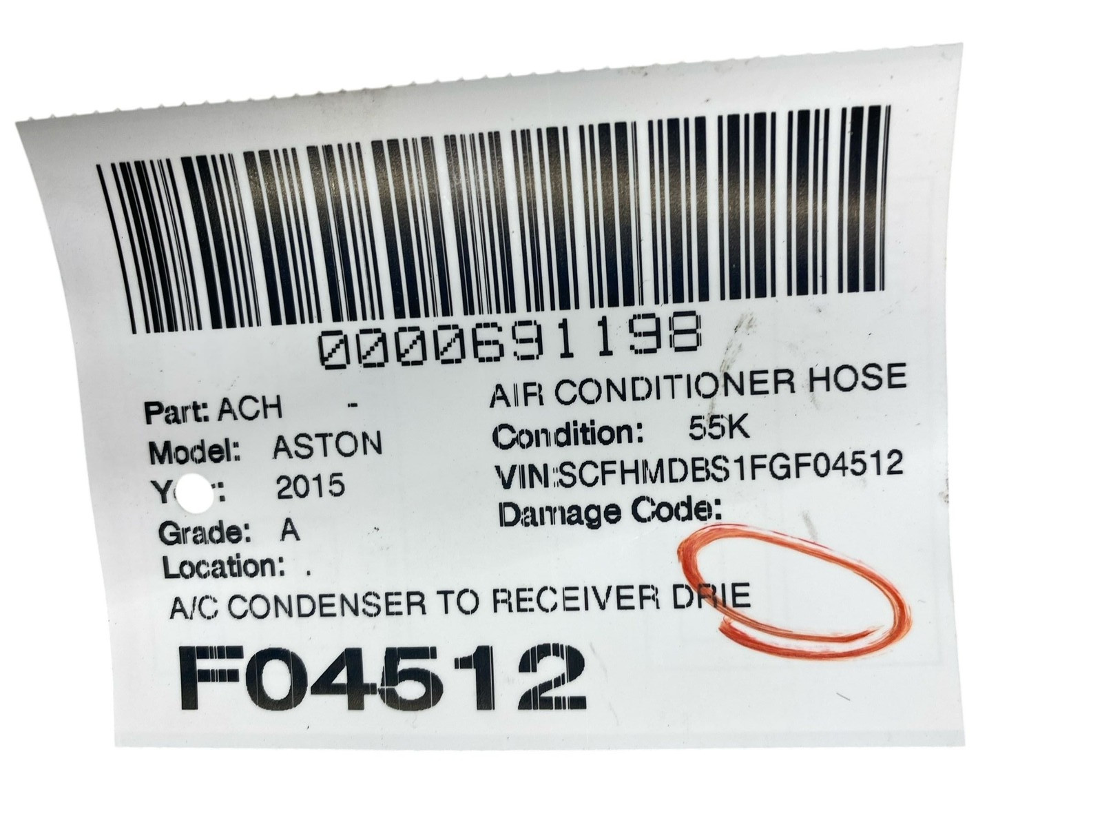 2015 ASTON MARTIN RAPIDE A/C CONDENSER TO RECEIVER DRIER HOSE CD33-19D719-AC