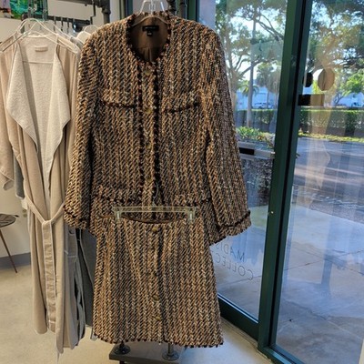 Ann Taylor Brown Metallic Tweed Fringe Sheath Dress & Jacket Suit Set