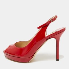 Jimmy Choo Clue Size 35 Red Patent Leather Peep Toe Slingback Pumps