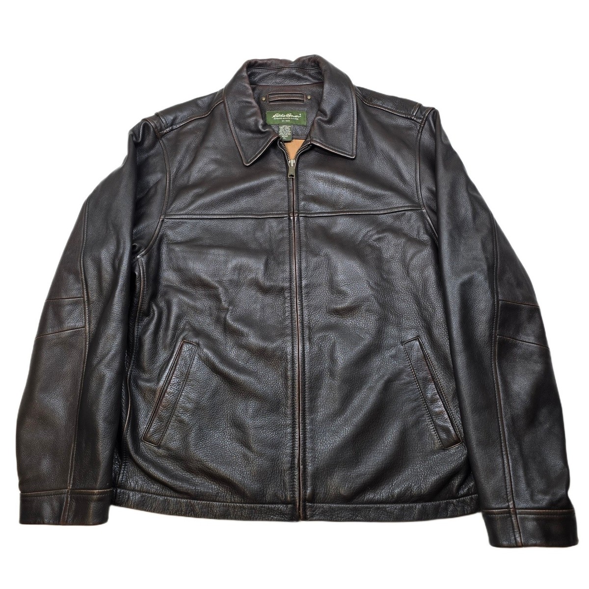 Eddie Bauer Leather Jacket Mens XL Brown Full Zip Bomber Fligher