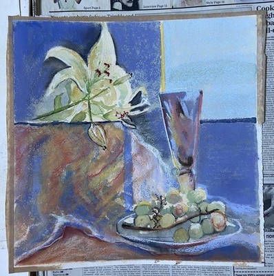 Val Smith ORIGINAL STILLLEBEN GEMÄLDE BLAU LILA GRÜN TRAUBEN LILIE BLUMENKUNST