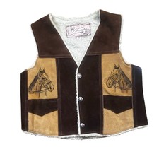 Vintage Western Mejia Horse Leather Vest Light Brown Lined Buttons Boy Size 10