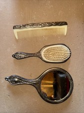 Silver Plated Vanity Set Vtg Hand Mirror Hair Brush Comb Victorian Art Nouveau