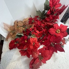 Large Lot Vtg Christmas Plastic Floral Picks Poinsettias Red Gold Craft Floral