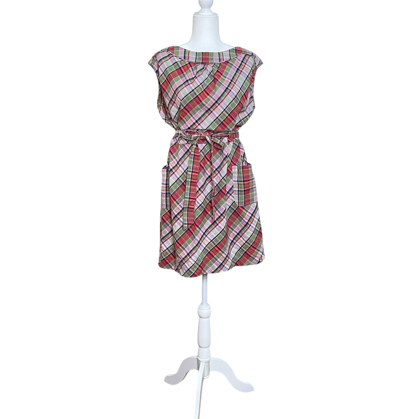 Land's End Women's Size 12P 100% Cotton Madras Plaid Short Belted Boatneck Dress