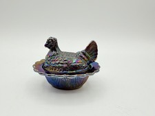 Mini Mosser Hen On Nest Salt Cellar Amethyst Iridescent Carnival Trinket Glass