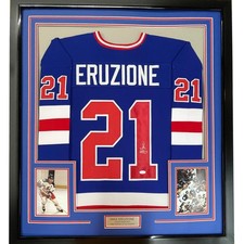 Framed Autographed/Signed Mike Eruzione 33x42 Blue Miracle USA Jersey JSA COA