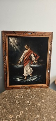 Jesus Christ Walking On Water Black Velvet Painting MCM kitsch