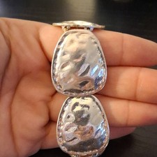 Silver Tone Hammered Oval Link Stretch Cuff Bangle Bracelet Metal No Stone