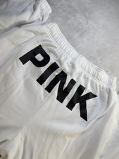 PINK Women s White Fleece Jogger Sweatpants Elastic Waist Cuffed Tapered M