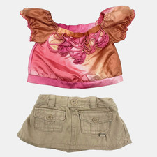 Build a Bear Pink Orange Tie Dye Ruffle Top Khaki Tan Skirt Teddy Clothes Outfit