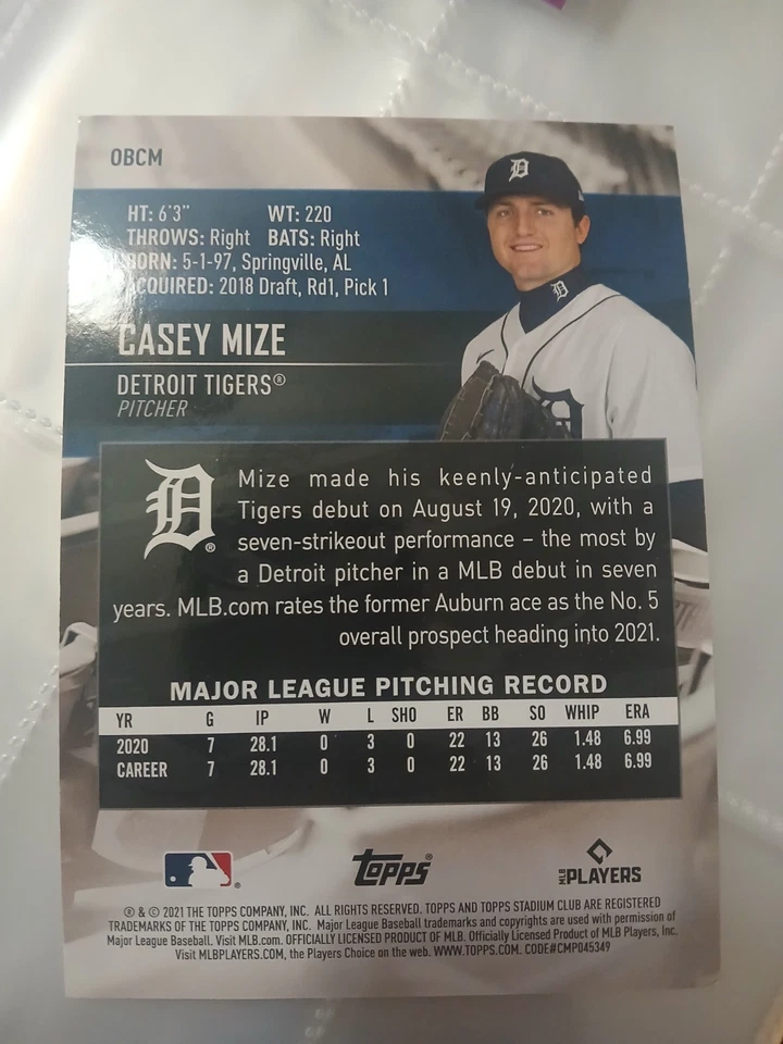 2021 Topps Stadium Club - Casey Mize #OBCM RC OVERSIZED BOX TOPPER ROOKIE CARD - Image 2 of 2