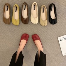 Women's Leather Bowtie Tabi Split Toe Mid Heel Fashion Ballet Court Shoes UK