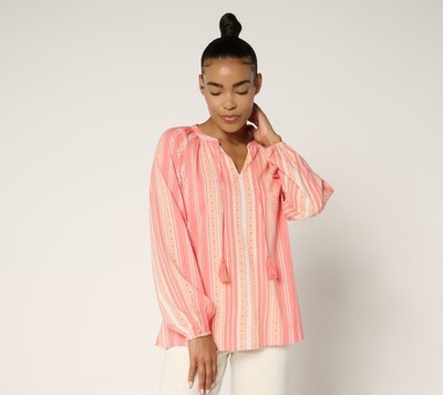 SUNNYLiFE Women's Top Sz S Sunkissed Stripe Tassel Blouse Pink A691752