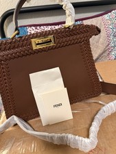 FENDI Brown Top Handle Bag Braided Logo Turn ...