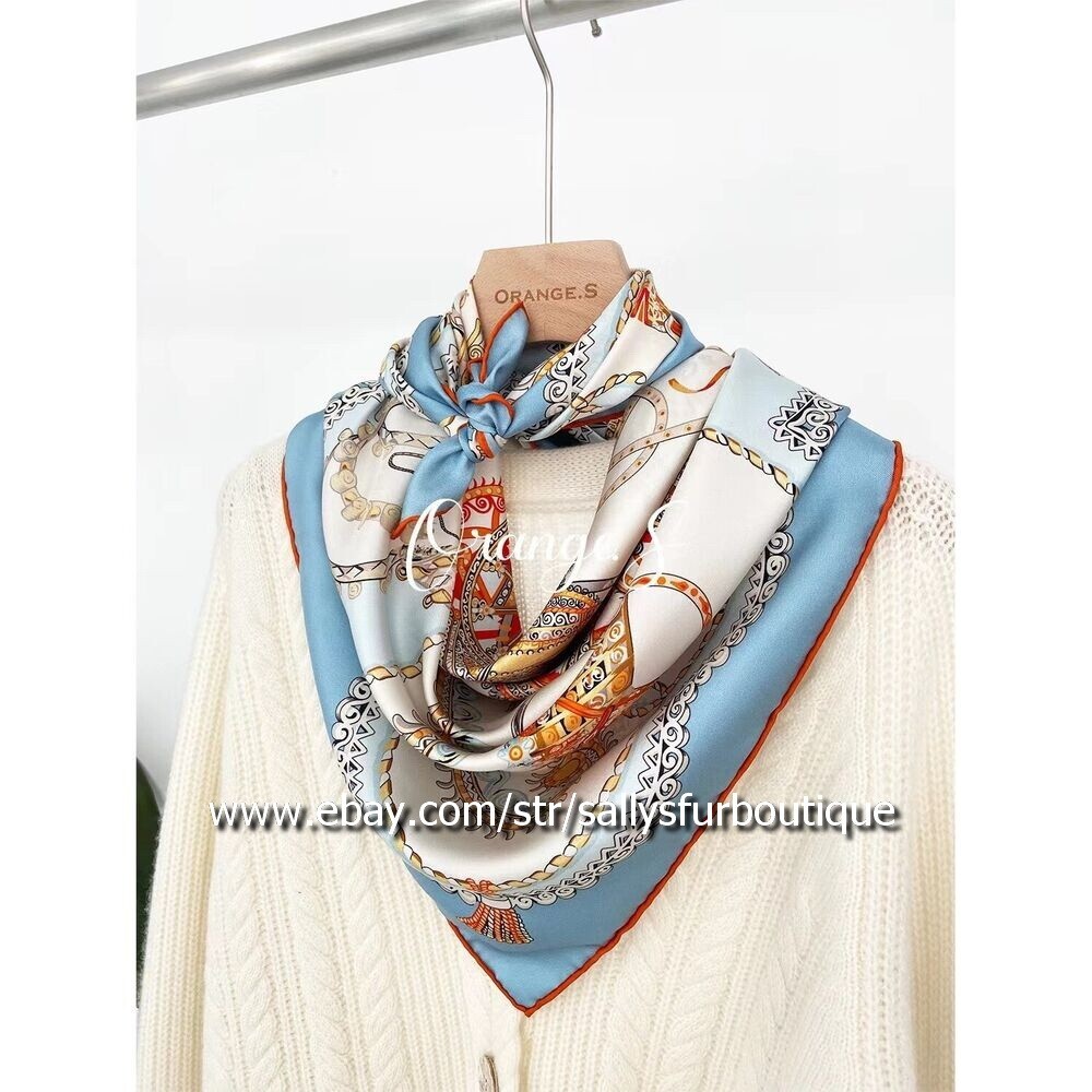 Sally Twill Silk 18 Momme Wrap Scarf Carriage Print Double Face Square Shawl 35"